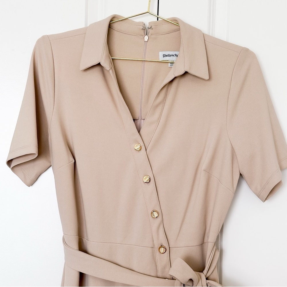 Shelby & Palmer Tan Buttoned Tie Front Midi Dress - Picture 3 of 6